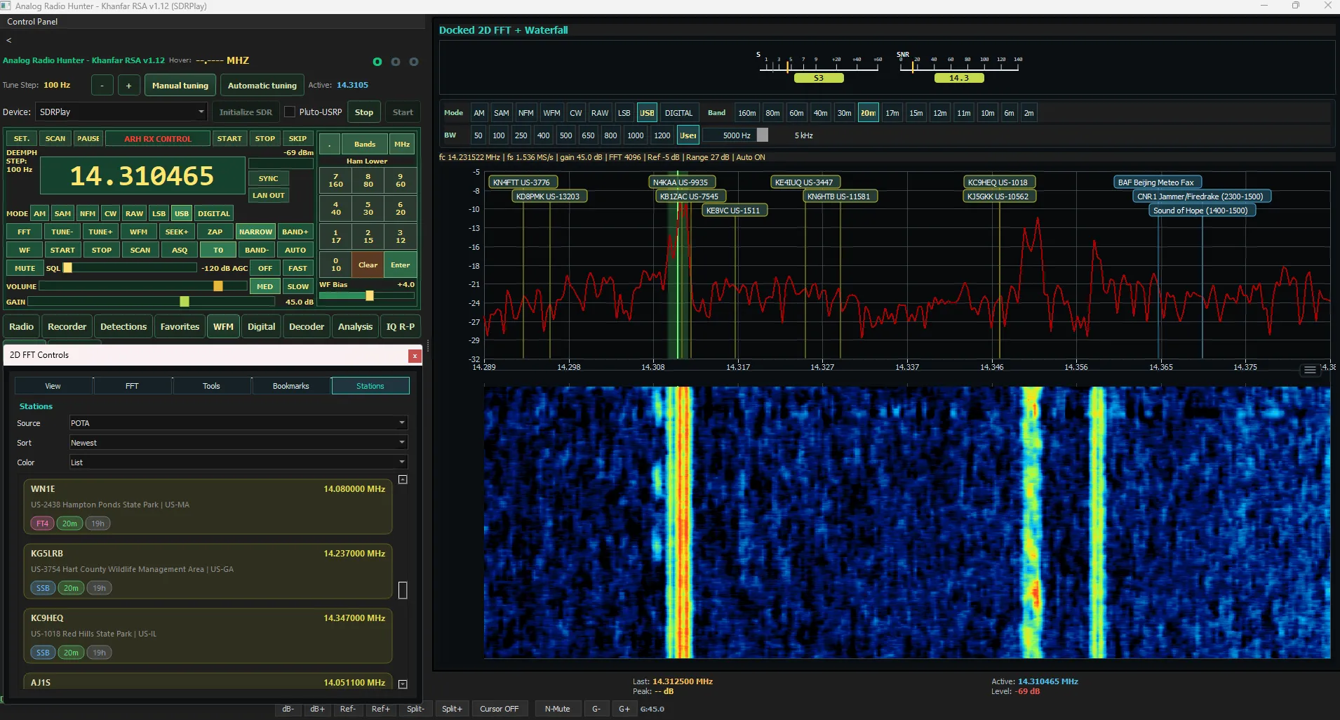 Khanfar RSA docked 2D FFT and waterfall with POTA station list